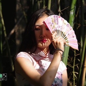 绿草青竹佳人伴-小雁塔旗袍人像